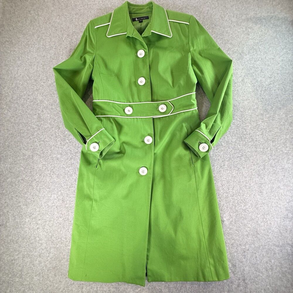 VTG Larry Levine Green Trench Coat Mod Style Mid Midi Length 6 Retro Y2k Piping